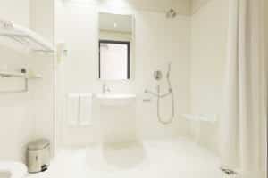 accessible bathroom with roll in shower